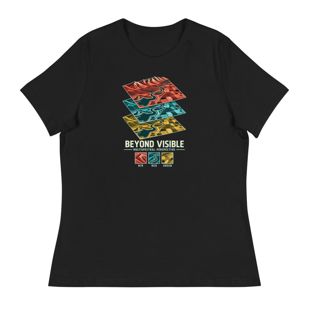 Beyond Visible — Women's Multispectral T-Shirt — Black, Printful Bella + Canvas 6400 flat-front mockup.