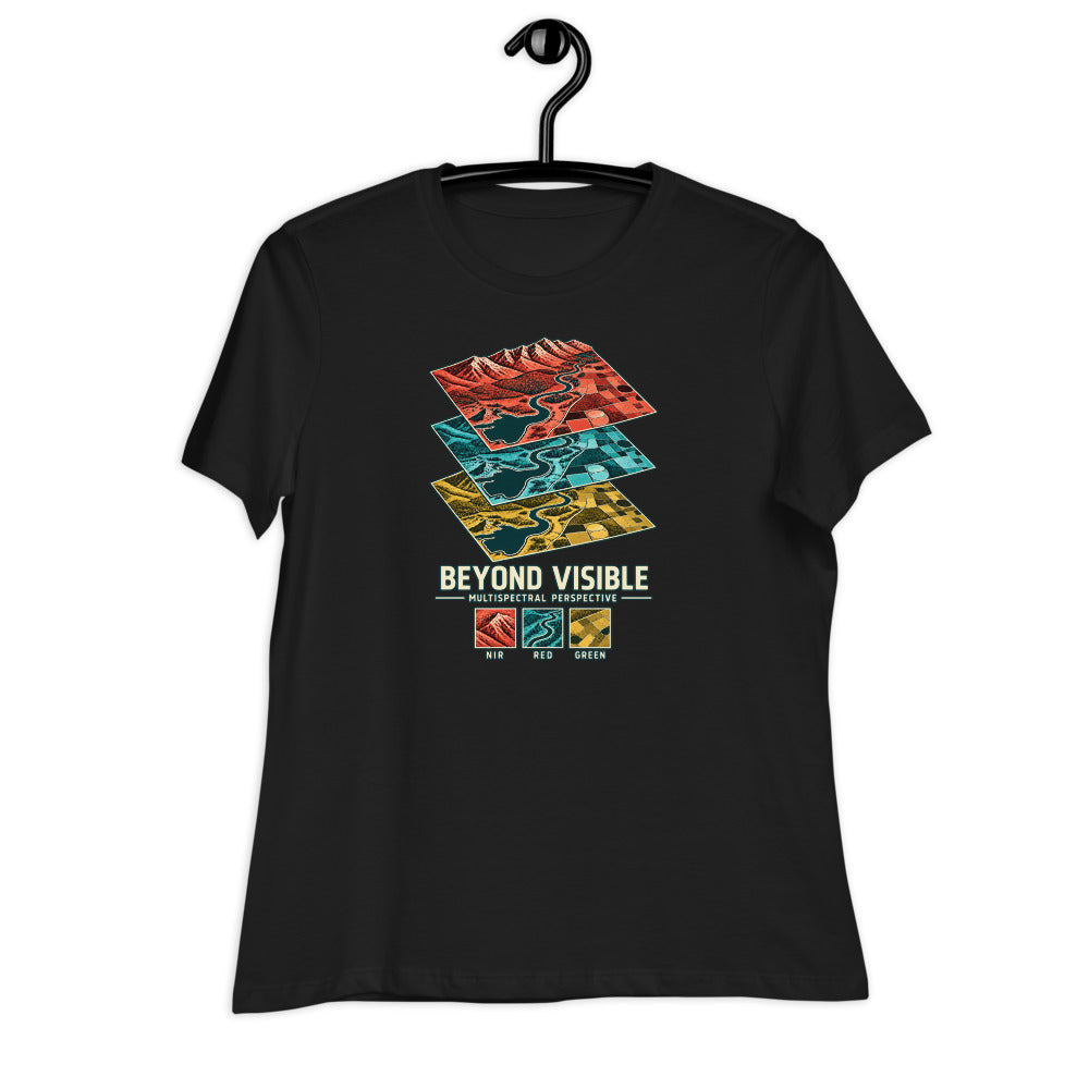 Beyond Visible — Women's Multispectral T-Shirt — Black on hanger, exact Printful Bella + Canvas 6400 mockup.