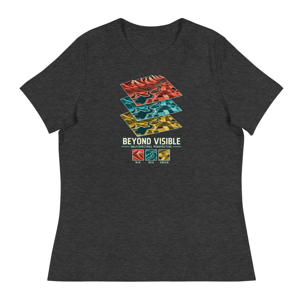 Beyond Visible — Women's Multispectral T-Shirt — Dark Grey Heather, exact Printful Bella + Canvas 6400 mockup.