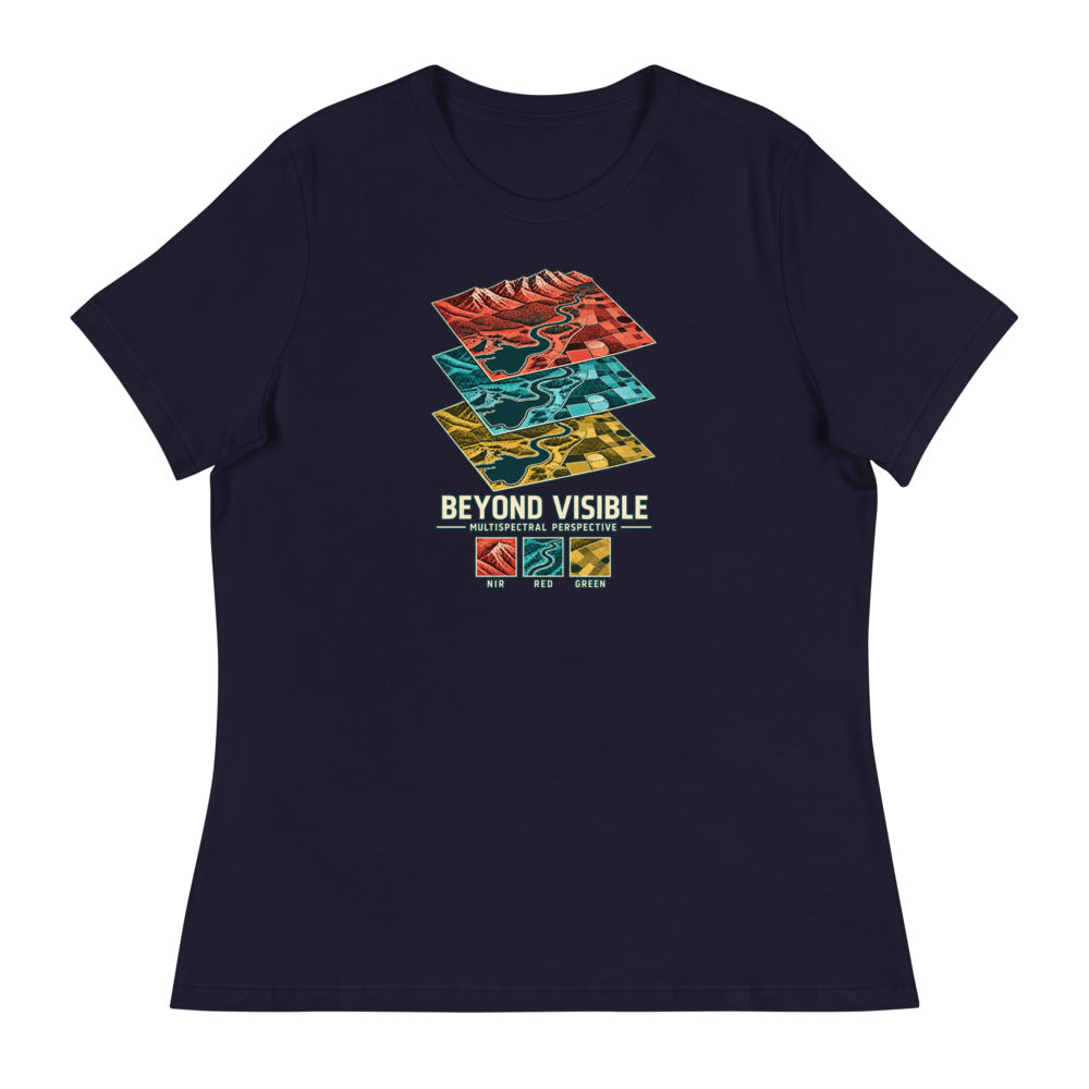 Beyond Visible — Women's Multispectral T-Shirt — Navy, exact Printful Bella + Canvas 6400 mockup.