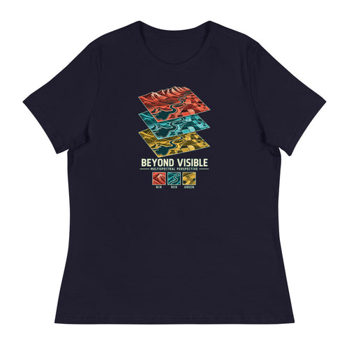 Beyond Visible — Women's Multispectral T-Shirt — Navy, exact Printful Bella + Canvas 6400 mockup.