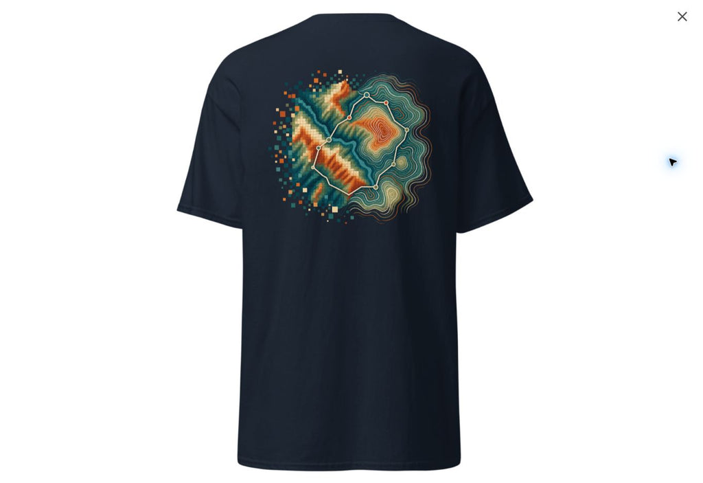 Printful production preview: Raster to Vector navy T-shirt with large back artwork