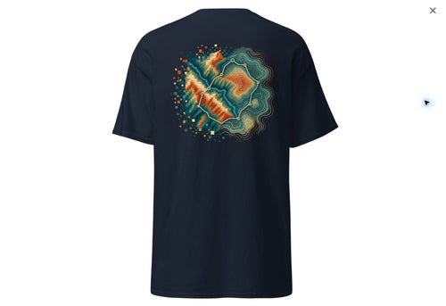 Printful production preview: Raster to Vector navy T-shirt with large back artwork