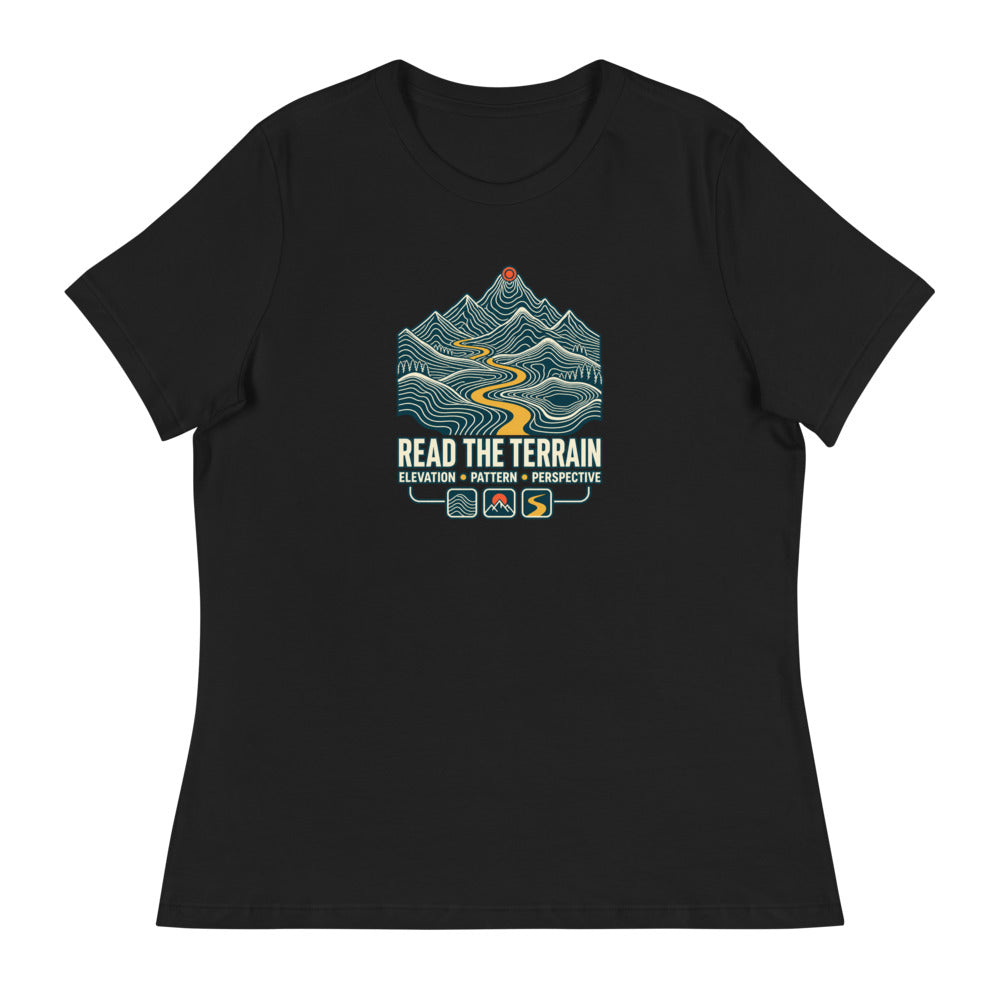 Read the Terrain — Women's Topographic T-Shirt — Black, Printful Bella + Canvas 6400 flat-front mockup.