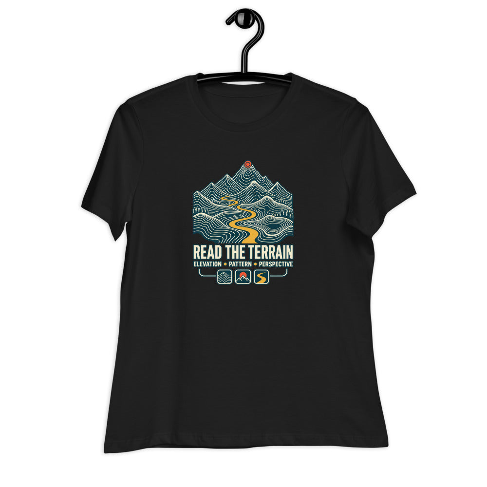 Read the Terrain — Women's Topographic T-Shirt — Black on hanger, exact Printful Bella + Canvas 6400 mockup.