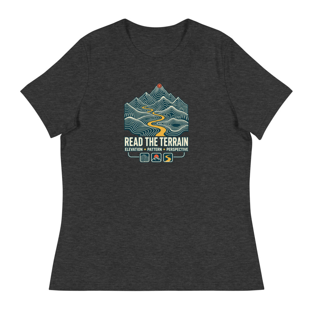 Read the Terrain — Women's Topographic T-Shirt — Dark Grey Heather, exact Printful Bella + Canvas 6400 mockup.