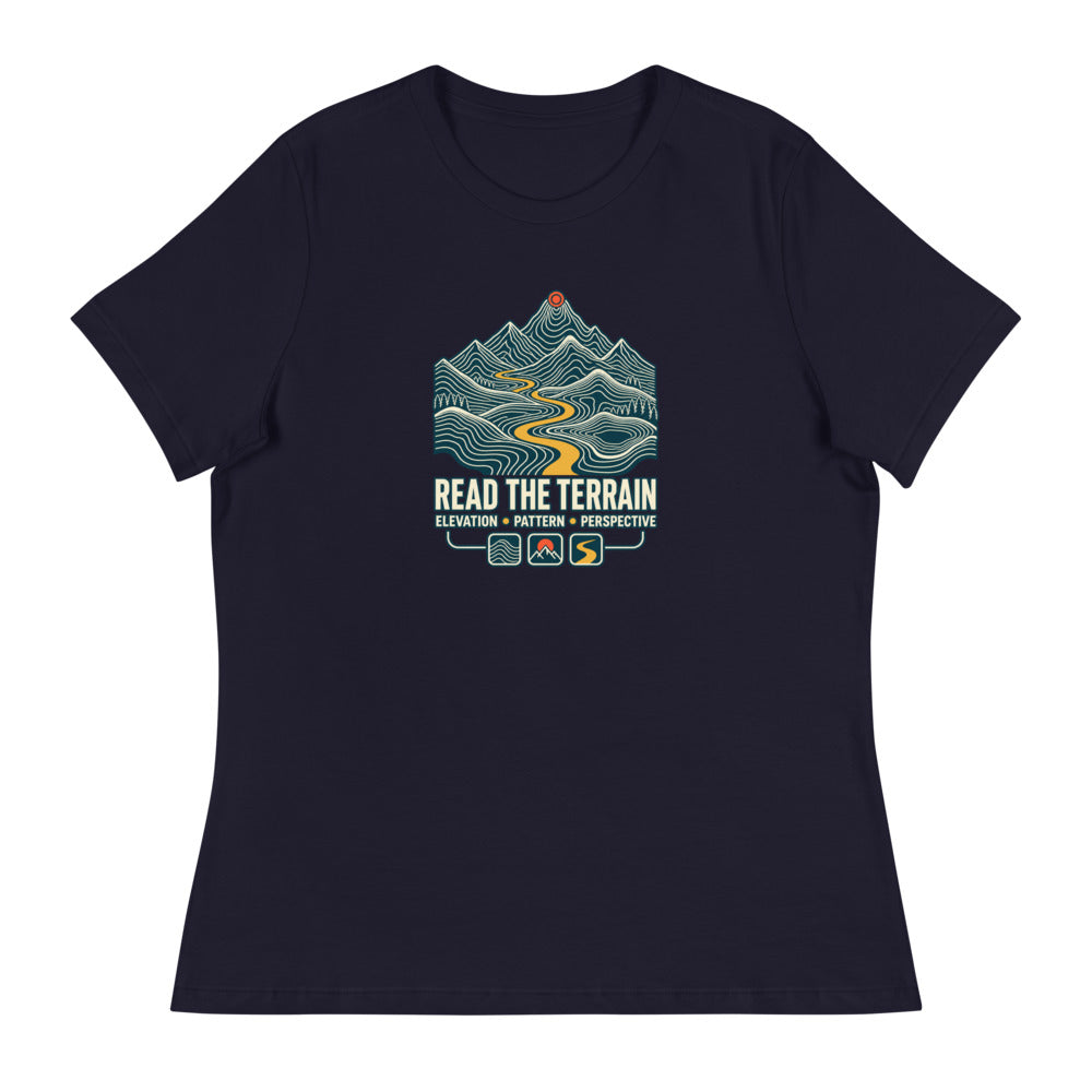 Read the Terrain — Women's Topographic T-Shirt — Navy, exact Printful Bella + Canvas 6400 mockup.