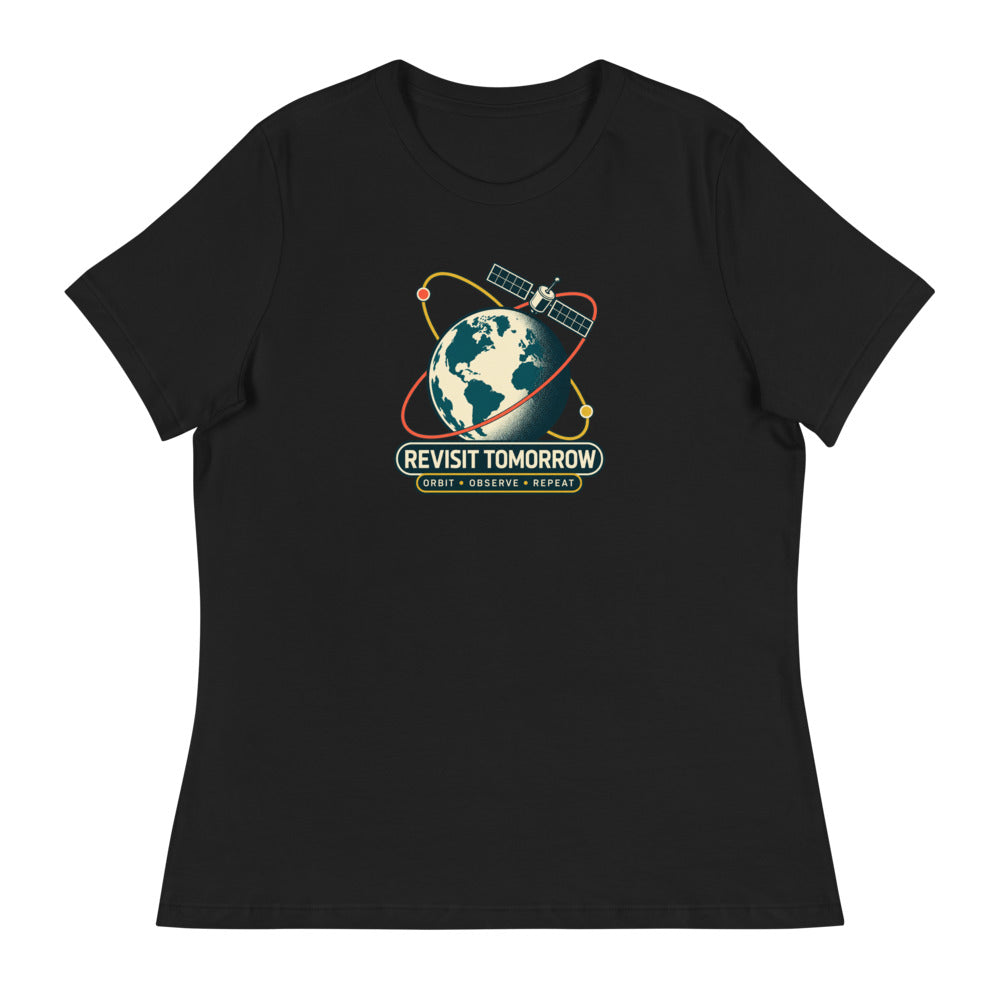 Revisit Tomorrow — Women's Earth Observation T-Shirt — Black, Printful Bella + Canvas 6400 flat-front mockup.