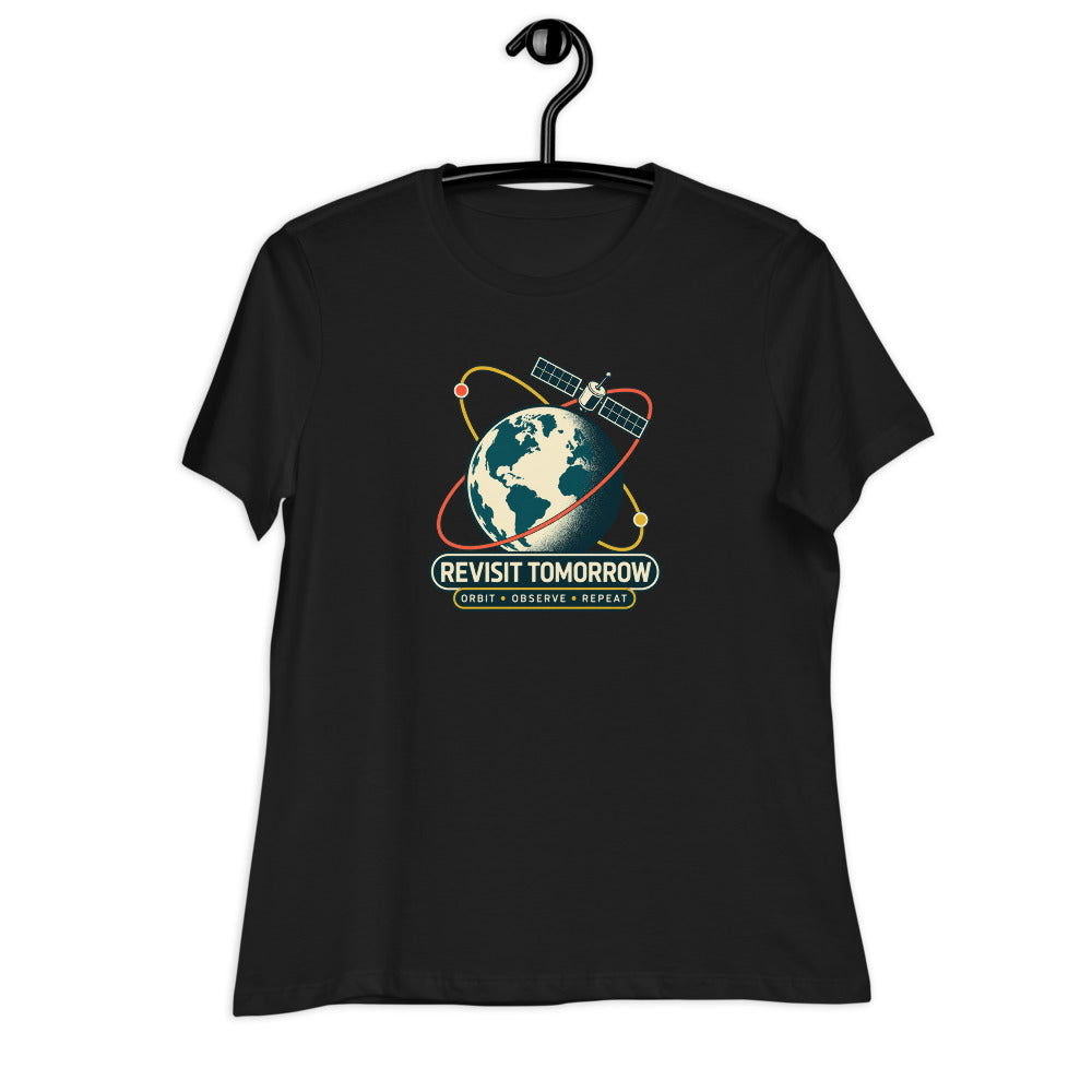Revisit Tomorrow — Women's Earth Observation T-Shirt — Black on hanger, exact Printful Bella + Canvas 6400 mockup.