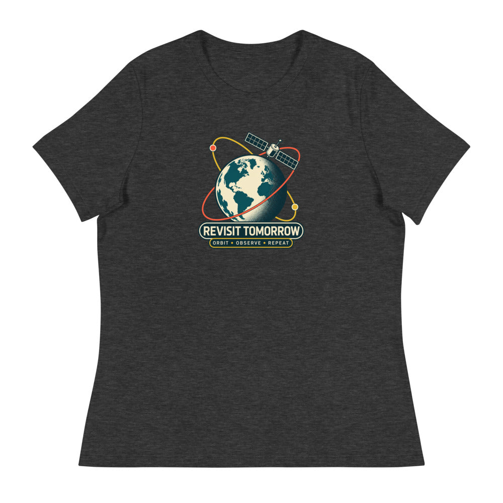 Revisit Tomorrow — Women's Earth Observation T-Shirt — Dark Grey Heather, exact Printful Bella + Canvas 6400 mockup.