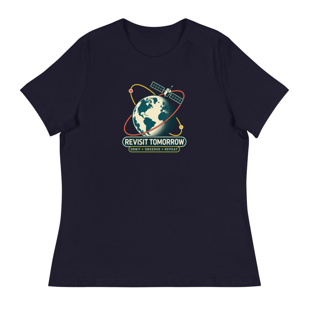 Revisit Tomorrow — Women's Earth Observation T-Shirt — Navy, exact Printful Bella + Canvas 6400 mockup.