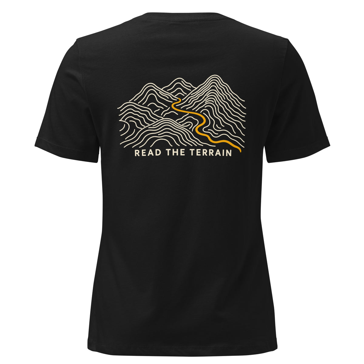 Black women’s relaxed T-shirt, back view with contour landscape lines and an ochre trail; supplier mockup.