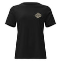 Black women’s relaxed T-shirt, front view with a small contour emblem on the left chest; supplier mockup.