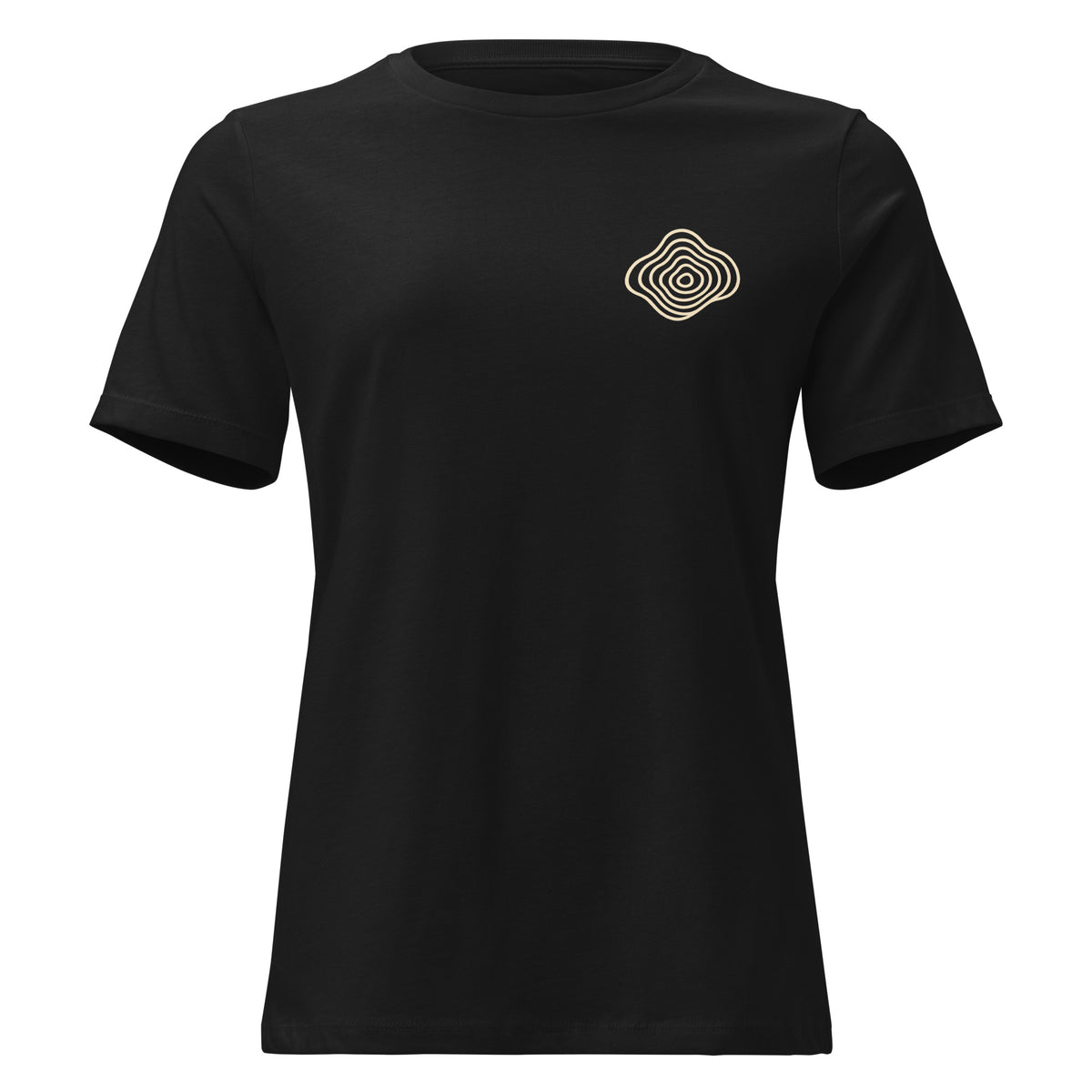 Black women’s relaxed T-shirt, front view with a small contour emblem on the left chest; supplier mockup.